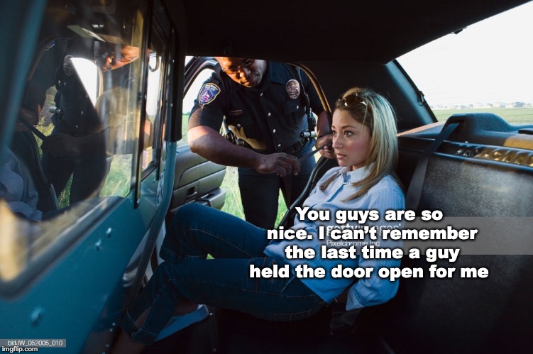 Chivalry Lives! | You guys are so nice. I can’t remember the last time a guy held the door open for me | image tagged in police,arrested,gentleman | made w/ Imgflip meme maker