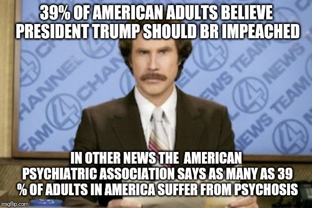 Ron Burgundy Meme | 39% OF AMERICAN ADULTS BELIEVE PRESIDENT TRUMP SHOULD BR IMPEACHED; IN OTHER NEWS THE  AMERICAN PSYCHIATRIC ASSOCIATION SAYS AS MANY AS 39 % OF ADULTS IN AMERICA SUFFER FROM PSYCHOSIS | image tagged in memes,ron burgundy | made w/ Imgflip meme maker