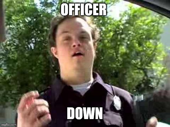 retarded policeman | OFFICER; DOWN | image tagged in retarded policeman | made w/ Imgflip meme maker