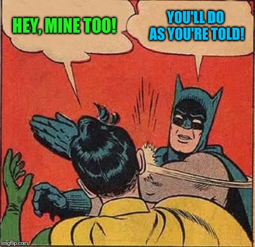 Batman Slapping Robin Meme | HEY, MINE TOO! YOU'LL DO AS YOU'RE TOLD! | image tagged in memes,batman slapping robin | made w/ Imgflip meme maker