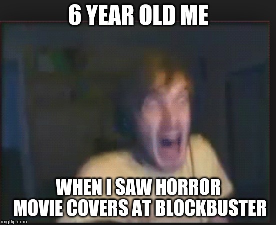 Scared pewdiepie | 6 YEAR OLD ME; WHEN I SAW HORROR MOVIE COVERS AT BLOCKBUSTER | image tagged in scared pewdiepie | made w/ Imgflip meme maker