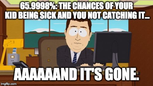 When Your Kid Is Sick, You're Sick | 65.9998%: THE CHANCES OF YOUR KID BEING SICK AND YOU NOT CATCHING IT... AAAAAAND IT'S GONE. | image tagged in memes,aaaaand its gone,sick kid,sick parent,life,being a parent | made w/ Imgflip meme maker