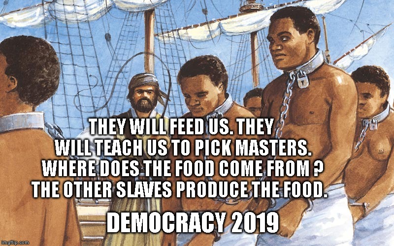 Slaves | THEY WILL FEED US. THEY WILL TEACH US TO PICK MASTERS. WHERE DOES THE FOOD COME FROM ? THE OTHER SLAVES PRODUCE THE FOOD. DEMOCRACY 2019 | image tagged in slaves | made w/ Imgflip meme maker