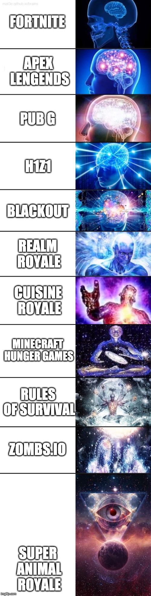 FORTNITE; APEX LENGENDS; PUB G; H1Z1; BLACKOUT; REALM ROYALE; CUISINE ROYALE; MINECRAFT HUNGER GAMES; RULES OF SURVIVAL; ZOMBS.IO; SUPER ANIMAL ROYALE | image tagged in battle royale | made w/ Imgflip meme maker