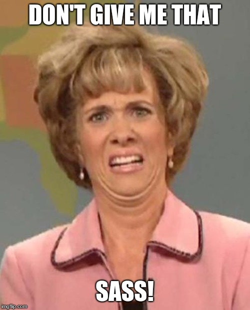 Disgusted Kristin Wiig | DON'T GIVE ME THAT SASS! | image tagged in disgusted kristin wiig | made w/ Imgflip meme maker
