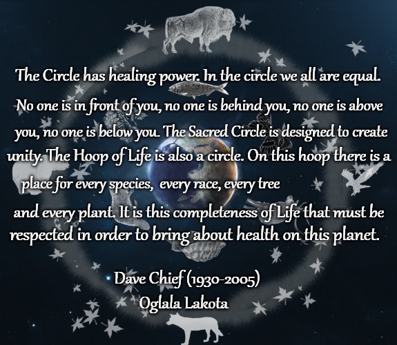Native American Wisdom  The Circle | The Circle has healing power. In the circle we all are equal. No one is in front of you, no one is behind you, no one is above; you, no one is below you. The Sacred Circle is designed to create; unity. The Hoop of Life is also a circle. On this hoop there is a; place for every species,  every race, every tree; and every plant. It is this completeness of Life that must be; respected in order to bring about health on this planet. Dave Chief (1930-2005); Oglala Lakota | image tagged in native american,native americans,american indians,tribe,indian chief,indian chiefs | made w/ Imgflip meme maker