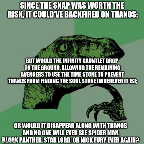 Philosoraptor | SINCE THE SNAP WAS WORTH THE RISK, IT COULD'VE BACKFIRED ON THANOS;; BUT WOULD THE INFINITY GAUNTLET DROP TO THE GROUND, ALLOWING THE REMAINING AVENGERS TO USE THE TIME STONE TO PREVENT THANOS FROM FINDING THE SOUL STONE (WHEREVER IT IS);; OR WOULD IT DISAPPEAR ALONG WITH THANOS AND NO ONE WILL EVER SEE SPIDER MAN, BLACK PANTHER, STAR LORD, OR NICK FURY EVER AGAIN? | image tagged in memes,philosoraptor | made w/ Imgflip meme maker