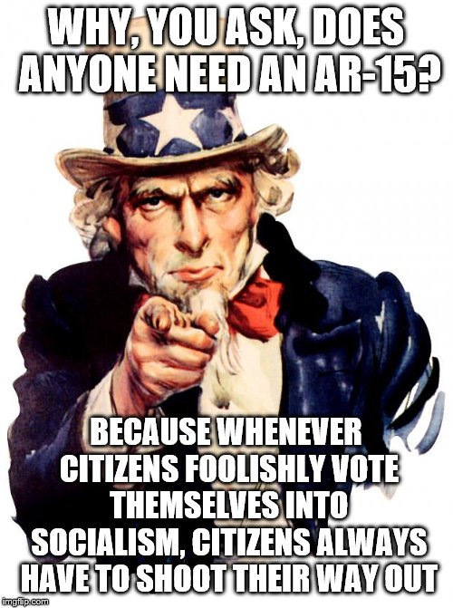 Uncle Sam | WHY, YOU ASK, DOES ANYONE NEED AN AR-15? BECAUSE WHENEVER CITIZENS FOOLISHLY VOTE THEMSELVES INTO SOCIALISM, CITIZENS ALWAYS HAVE TO SHOOT THEIR WAY OUT | image tagged in memes,uncle sam | made w/ Imgflip meme maker