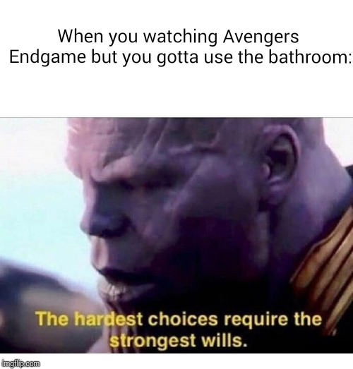 Halfway through. | When you watching Avengers Endgame but you gotta use the bathroom: | image tagged in avengers endgame,memes,funny,dank memes | made w/ Imgflip meme maker