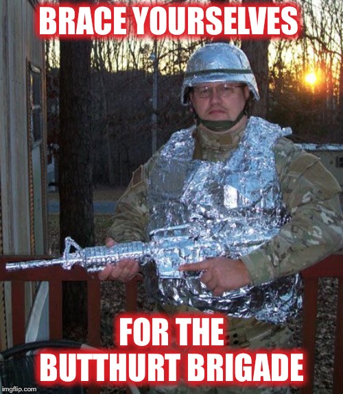 'Brave' tin foil brigade :-D | BRACE YOURSELVES FOR THE BUTTHURT BRIGADE | image tagged in 'brave' tin foil brigade -d | made w/ Imgflip meme maker