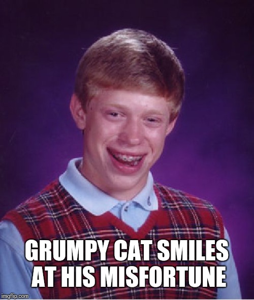 Bad Luck Brian | GRUMPY CAT SMILES AT HIS MISFORTUNE | image tagged in memes,bad luck brian | made w/ Imgflip meme maker
