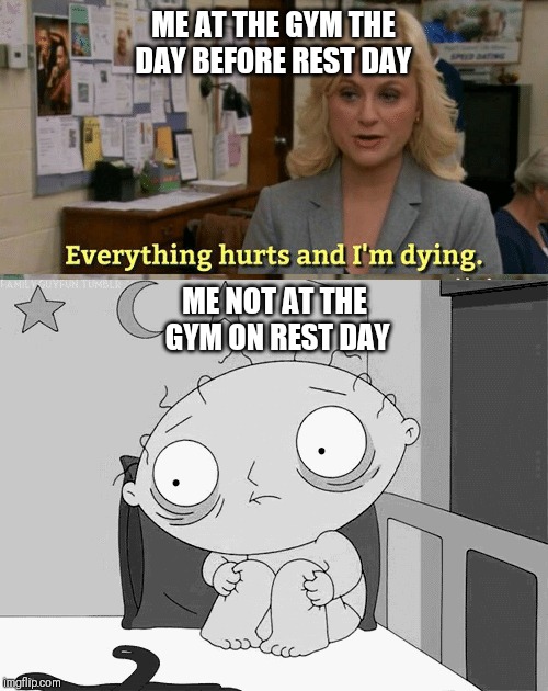Gym rest day | ME AT THE GYM THE DAY BEFORE REST DAY; ME NOT AT THE GYM ON REST DAY | image tagged in gym,weight lifting,do you even lift | made w/ Imgflip meme maker