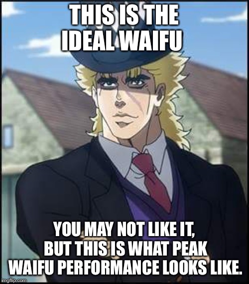speedwagon | THIS IS THE IDEAL WAIFU; YOU MAY NOT LIKE IT, BUT THIS IS WHAT PEAK WAIFU PERFORMANCE LOOKS LIKE. | image tagged in speedwagon | made w/ Imgflip meme maker