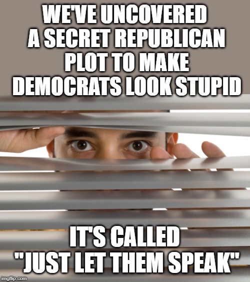 If voters listen closely to what the Democrat candidates are saying, it will be a land slide win for Trump | WE'VE UNCOVERED A SECRET REPUBLICAN PLOT TO MAKE DEMOCRATS LOOK STUPID; IT'S CALLED "JUST LET THEM SPEAK" | image tagged in blinds | made w/ Imgflip meme maker