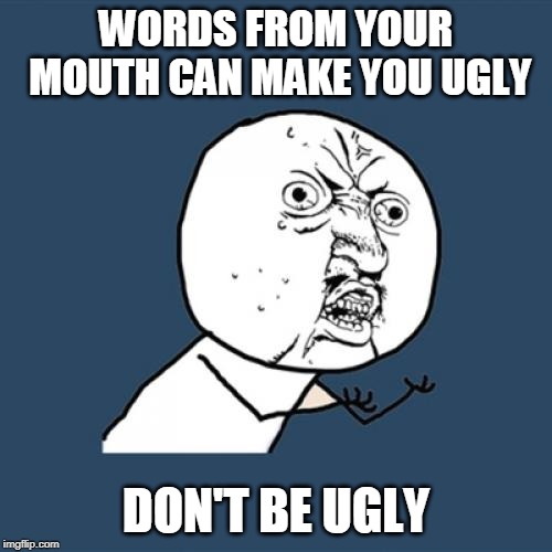Y U No | WORDS FROM YOUR MOUTH CAN MAKE YOU UGLY; DON'T BE UGLY | image tagged in memes,y u no | made w/ Imgflip meme maker