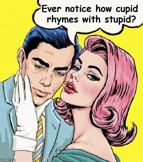 Falling In Love Really Does Make Us Stupid | Ever notice how cupid; rhymes with stupid? | image tagged in vince vance,comic book art,pop art,falling in love,stupid,special kind of stupid | made w/ Imgflip meme maker