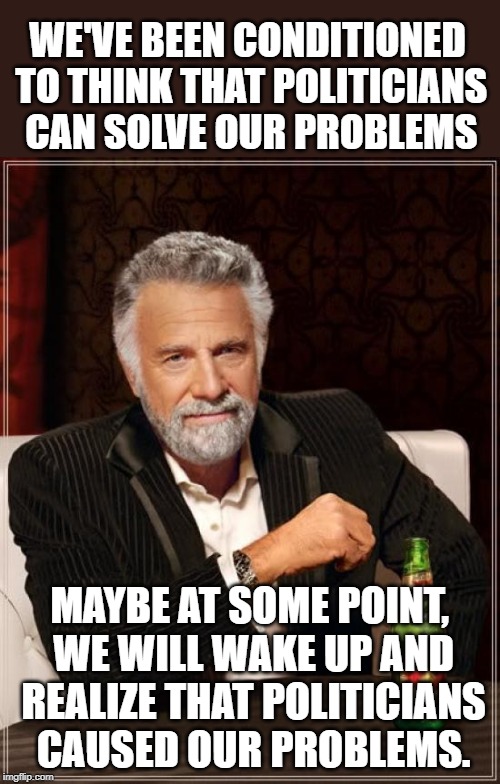 The Most Interesting Man In The World | WE'VE BEEN CONDITIONED TO THINK THAT POLITICIANS CAN SOLVE OUR PROBLEMS; MAYBE AT SOME POINT, WE WILL WAKE UP AND REALIZE THAT POLITICIANS CAUSED OUR PROBLEMS. | image tagged in memes,the most interesting man in the world | made w/ Imgflip meme maker