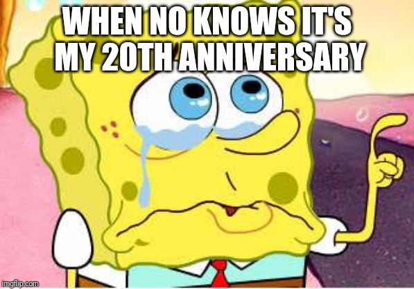 Sad Spongebob | WHEN NO KNOWS IT'S MY 20TH ANNIVERSARY | image tagged in sad spongebob | made w/ Imgflip meme maker