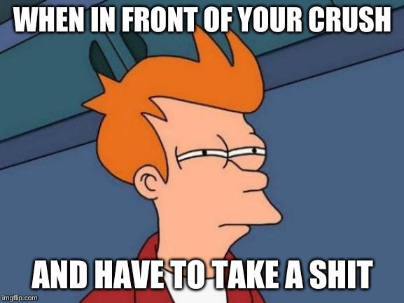 Futurama Fry Meme | WHEN IN FRONT OF YOUR CRUSH; AND HAVE TO TAKE A SHIT | image tagged in memes,futurama fry | made w/ Imgflip meme maker