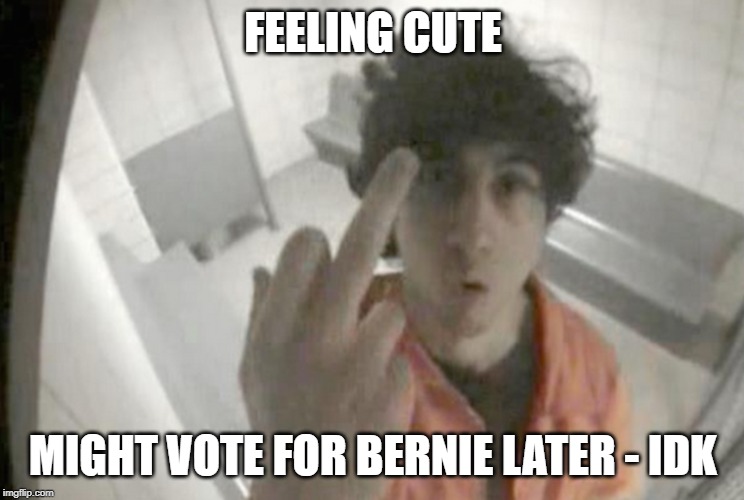 FEELING CUTE; MIGHT VOTE FOR BERNIE LATER - IDK | image tagged in feeling cute,bernie sanders,democrats,vote | made w/ Imgflip meme maker