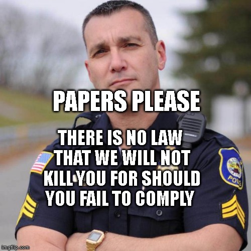 Cop | PAPERS PLEASE; THERE IS NO LAW THAT WE WILL NOT KILL YOU FOR SHOULD YOU FAIL TO COMPLY | image tagged in cop | made w/ Imgflip meme maker