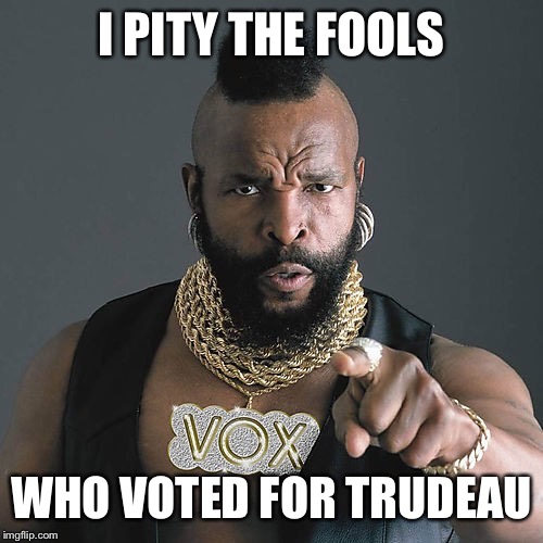 Mr T Pity The Fool | I PITY THE FOOLS; WHO VOTED FOR TRUDEAU | image tagged in memes,mr t pity the fool | made w/ Imgflip meme maker