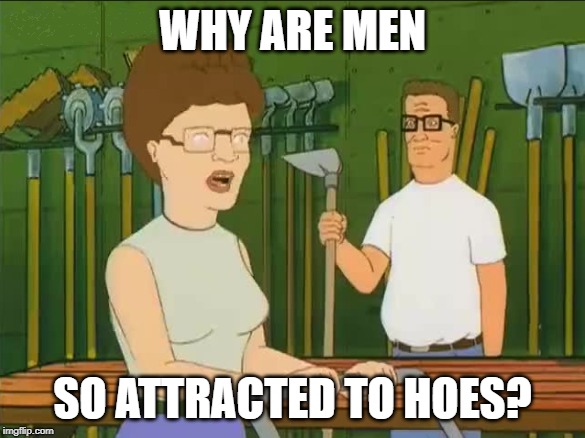 why are men so attracted to hoes? | WHY ARE MEN; SO ATTRACTED TO HOES? | image tagged in peggy hill,king of the hill,hank hill,hoes,hoe,garden tool | made w/ Imgflip meme maker