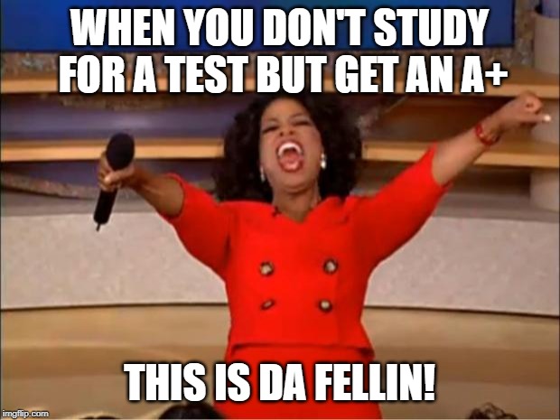Oprah You Get A | WHEN YOU DON'T STUDY FOR A TEST BUT GET AN A+; THIS IS DA FELLIN! | image tagged in memes,oprah you get a | made w/ Imgflip meme maker