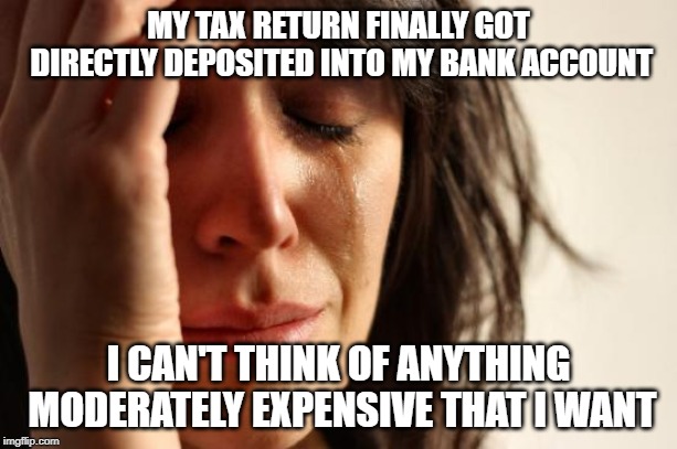 First World Problems | MY TAX RETURN FINALLY GOT DIRECTLY DEPOSITED INTO MY BANK ACCOUNT; I CAN'T THINK OF ANYTHING MODERATELY EXPENSIVE THAT I WANT | image tagged in memes,first world problems,AdviceAnimals | made w/ Imgflip meme maker