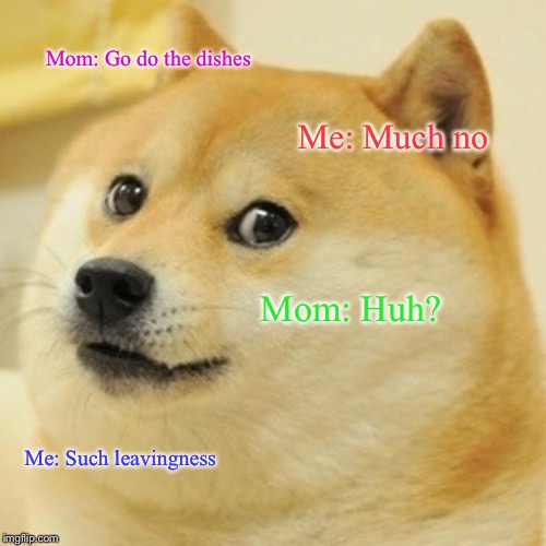Doge Meme | Mom: Go do the dishes; Me: Much no; Mom: Huh? Me: Such leavingness | image tagged in memes,doge | made w/ Imgflip meme maker