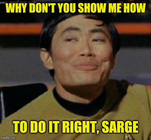 sulu | WHY DON'T YOU SHOW ME HOW TO DO IT RIGHT, SARGE | image tagged in sulu | made w/ Imgflip meme maker