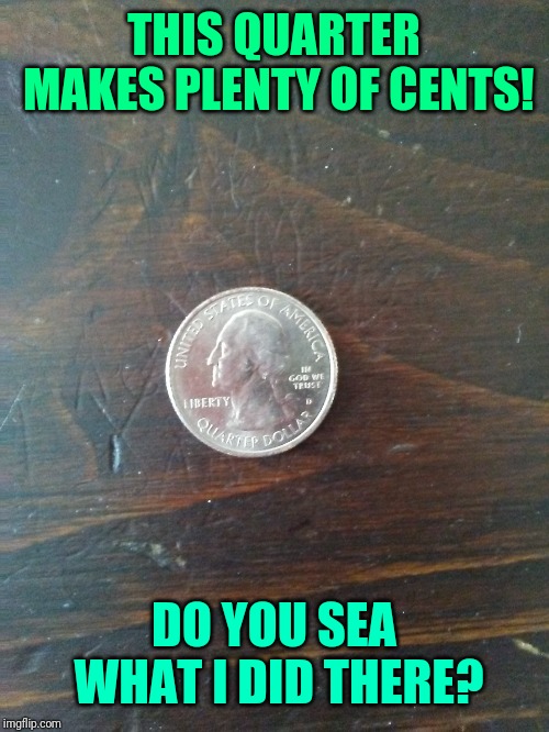 Quarter | THIS QUARTER MAKES PLENTY OF CENTS! DO YOU SEA WHAT I DID THERE? | image tagged in quarterback | made w/ Imgflip meme maker
