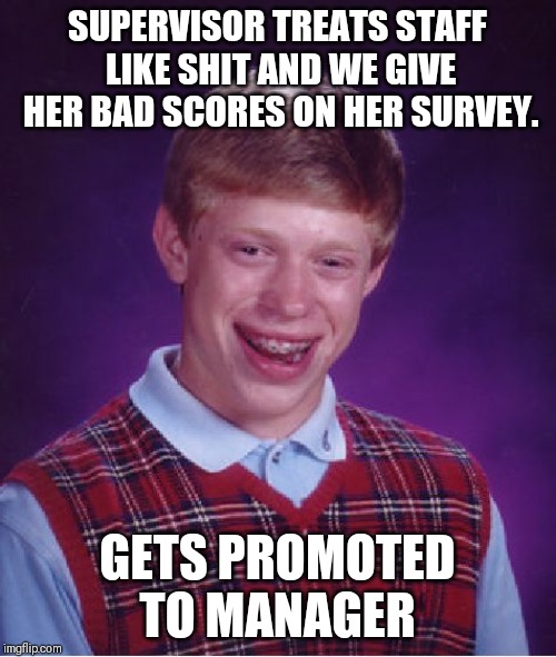 Bad Luck Brian Meme | SUPERVISOR TREATS STAFF LIKE SHIT AND WE GIVE HER BAD SCORES ON HER SURVEY. GETS PROMOTED TO MANAGER | image tagged in memes,bad luck brian,AdviceAnimals | made w/ Imgflip meme maker
