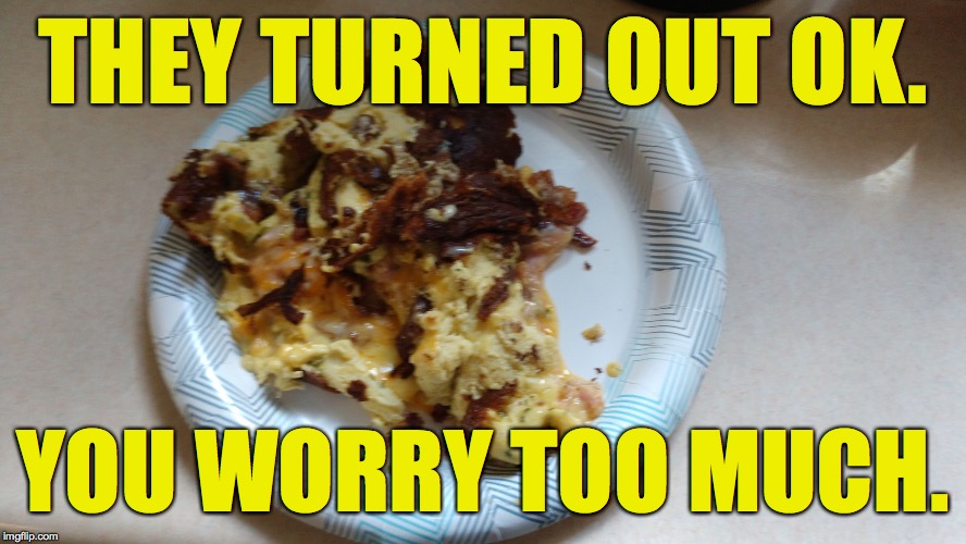 Scrambled omelet | THEY TURNED OUT OK. YOU WORRY TOO MUCH. | image tagged in scrambled omelet | made w/ Imgflip meme maker