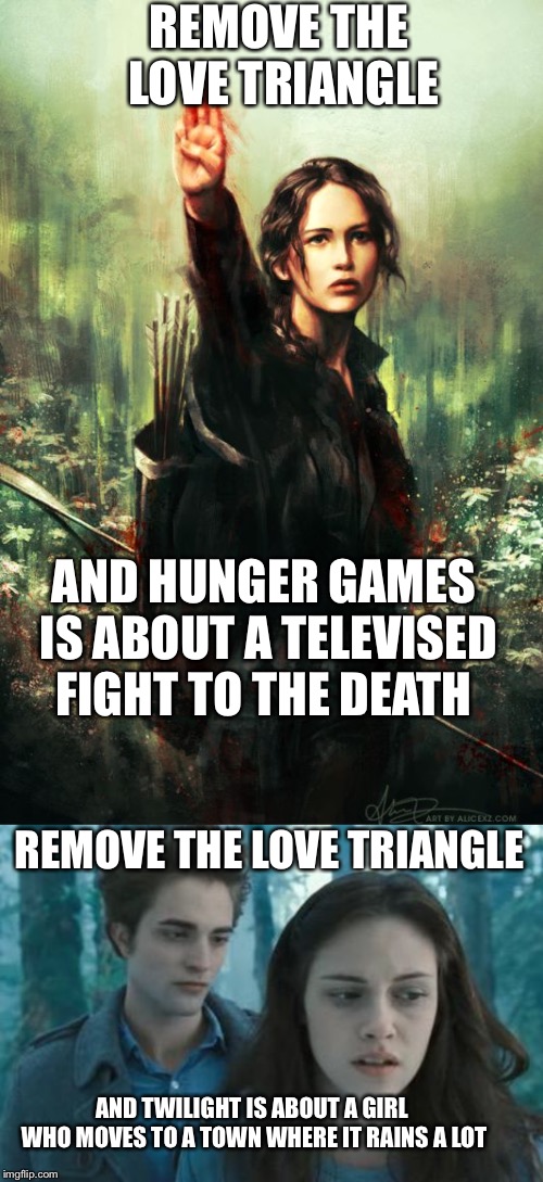 REMOVE THE LOVE TRIANGLE; AND HUNGER GAMES IS ABOUT A TELEVISED FIGHT TO THE DEATH; REMOVE THE LOVE TRIANGLE; AND TWILIGHT IS ABOUT A GIRL WHO MOVES TO A TOWN WHERE IT RAINS A LOT | image tagged in twilight,hunger games salute,still a better love story than twilight | made w/ Imgflip meme maker