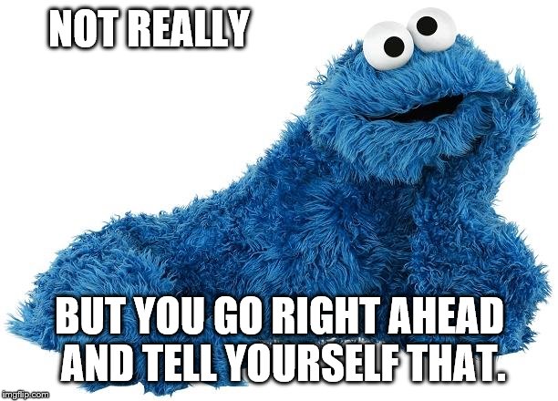 Cookie Monster | NOT REALLY BUT YOU GO RIGHT AHEAD AND TELL YOURSELF THAT. | image tagged in cookie monster | made w/ Imgflip meme maker