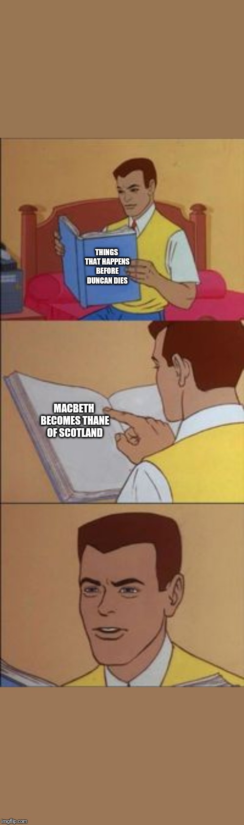 Peter parker reading a book  | THINGS THAT HAPPENS BEFORE DUNCAN DIES; MACBETH BECOMES THANE OF SCOTLAND | image tagged in peter parker reading a book | made w/ Imgflip meme maker