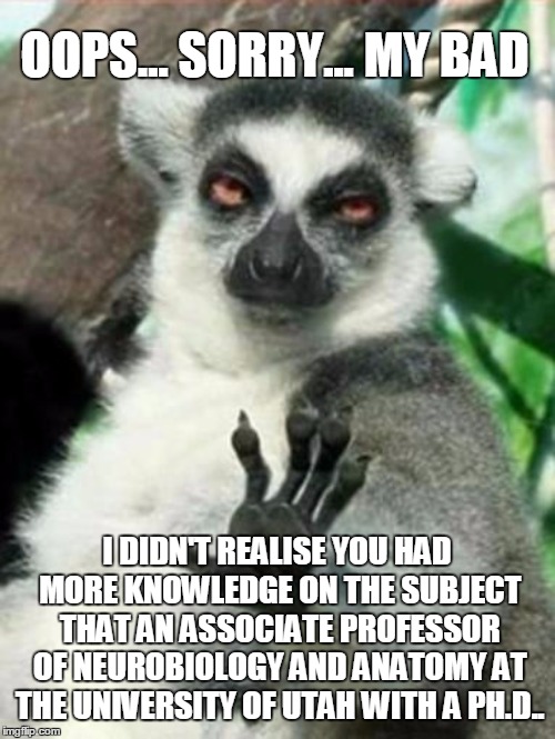 Whoa Lemur | OOPS... SORRY... MY BAD I DIDN'T REALISE YOU HAD MORE KNOWLEDGE ON THE SUBJECT THAT AN ASSOCIATE PROFESSOR OF NEUROBIOLOGY AND ANATOMY AT TH | image tagged in whoa lemur | made w/ Imgflip meme maker