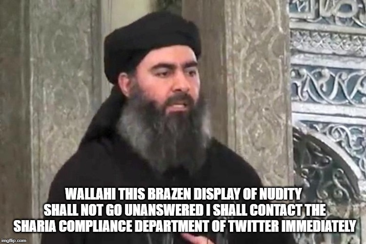 Al baghdadi | WALLAHI THIS BRAZEN DISPLAY OF NUDITY SHALL NOT GO UNANSWERED I SHALL CONTACT THE SHARIA COMPLIANCE DEPARTMENT OF TWITTER IMMEDIATELY | image tagged in al baghdadi,twitter,nudity,sharia law | made w/ Imgflip meme maker