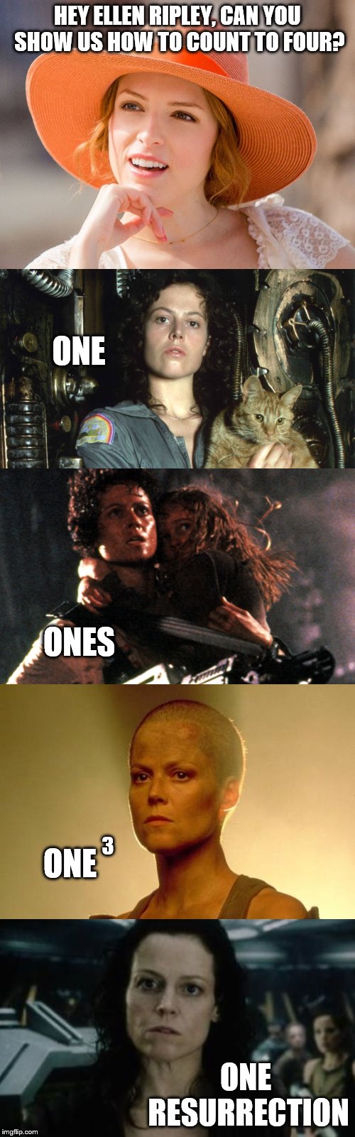 Movie franchises are so confusing | HEY ELLEN RIPLEY, CAN YOU SHOW US HOW TO COUNT TO FOUR? ONE; ONES; 3; ONE; ONE RESURRECTION | image tagged in memes,aliens,ellen ripley | made w/ Imgflip meme maker