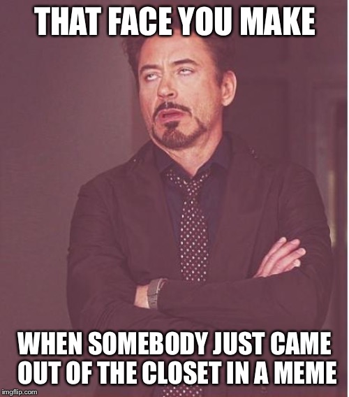 Face You Make Robert Downey Jr Meme | THAT FACE YOU MAKE WHEN SOMEBODY JUST CAME OUT OF THE CLOSET IN A MEME | image tagged in memes,face you make robert downey jr | made w/ Imgflip meme maker