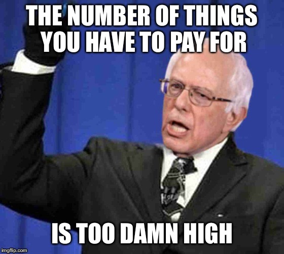 THE NUMBER OF THINGS YOU HAVE TO PAY FOR; IS TOO DAMN HIGH | image tagged in bernie sanders,too damn high,memes,funny,political meme | made w/ Imgflip meme maker