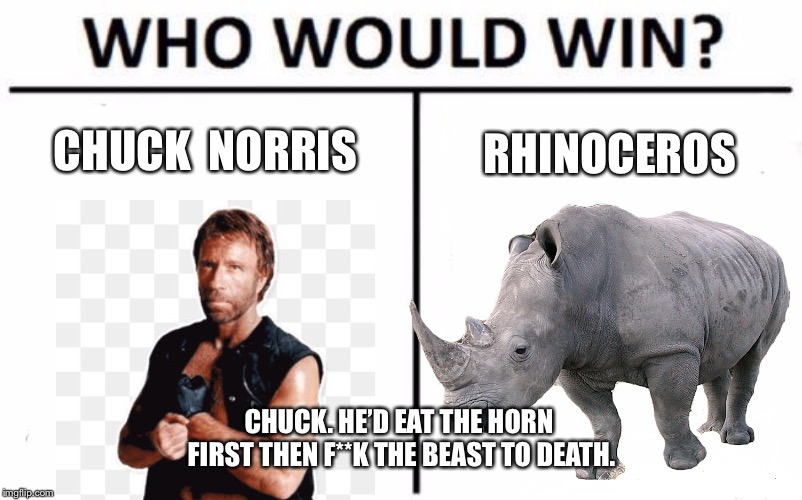 Chuck Norris Viagra | CHUCK  NORRIS; RHINOCEROS; CHUCK. HE’D EAT THE HORN FIRST THEN F**K THE BEAST TO DEATH. | image tagged in chuck norris,who would win | made w/ Imgflip meme maker