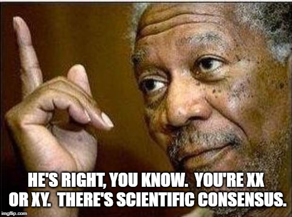 HE'S RIGHT, YOU KNOW.  YOU'RE XX OR XY.  THERE'S SCIENTIFIC CONSENSUS. | made w/ Imgflip meme maker