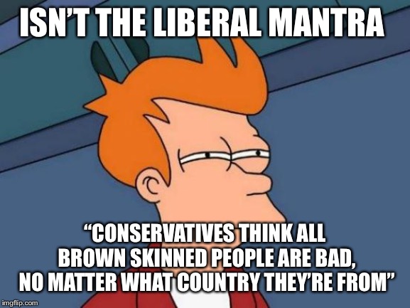 Futurama Fry Meme | ISN’T THE LIBERAL MANTRA “CONSERVATIVES THINK ALL BROWN SKINNED PEOPLE ARE BAD, NO MATTER WHAT COUNTRY THEY’RE FROM” | image tagged in memes,futurama fry | made w/ Imgflip meme maker