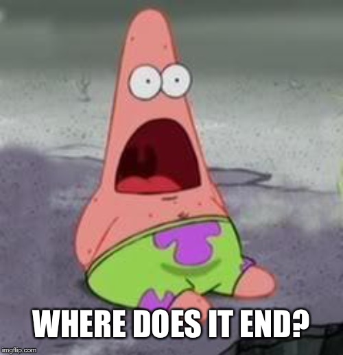 Suprised Patrick | WHERE DOES IT END? | image tagged in suprised patrick | made w/ Imgflip meme maker