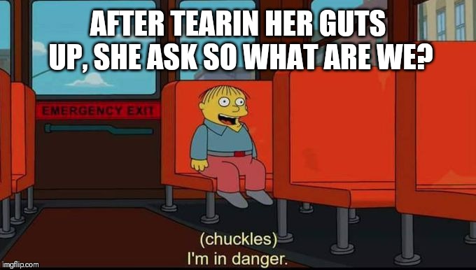 im in danger | AFTER TEARIN HER GUTS UP, SHE ASK SO WHAT ARE WE? | image tagged in im in danger | made w/ Imgflip meme maker