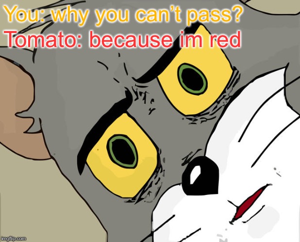 Unsettled Tom Meme | You: why you can’t pass? Tomato: because im red | image tagged in memes,unsettled tom | made w/ Imgflip meme maker