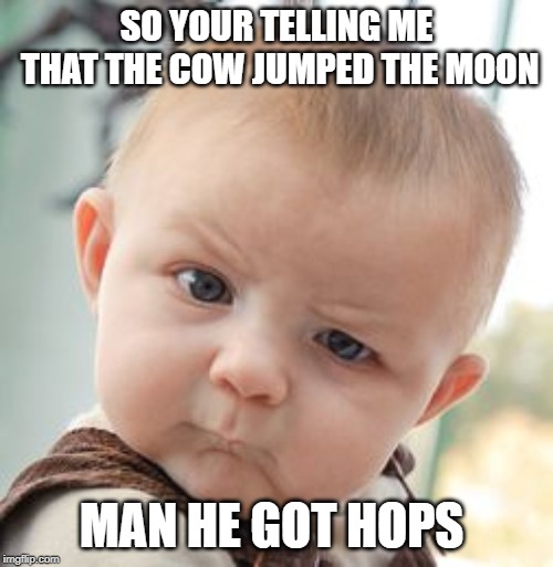 Skeptical Baby Meme | SO YOUR TELLING ME THAT THE COW JUMPED THE MOON; MAN HE GOT HOPS | image tagged in memes,skeptical baby | made w/ Imgflip meme maker
