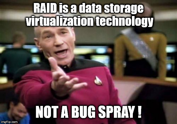 Picard Wtf Meme | RAID is a data storage virtualization technology NOT A BUG SPRAY ! | image tagged in memes,picard wtf | made w/ Imgflip meme maker